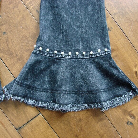 Flare Jeans Pearl Detailing Raw Hem Black Gray Boho Hippie Festival Wide Leg 6 - Picture 15 of 15
